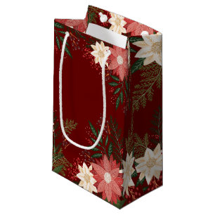 Sacola Para Presentes Pequena Partido Pintado de Maroon de Natal da Poinsettia M