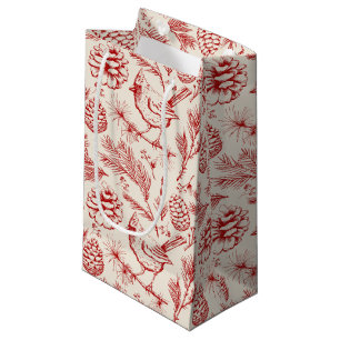 Sacola Para Presentes Pequena Pássaro Vermelho Elegante, Pinheiro e Berries de i