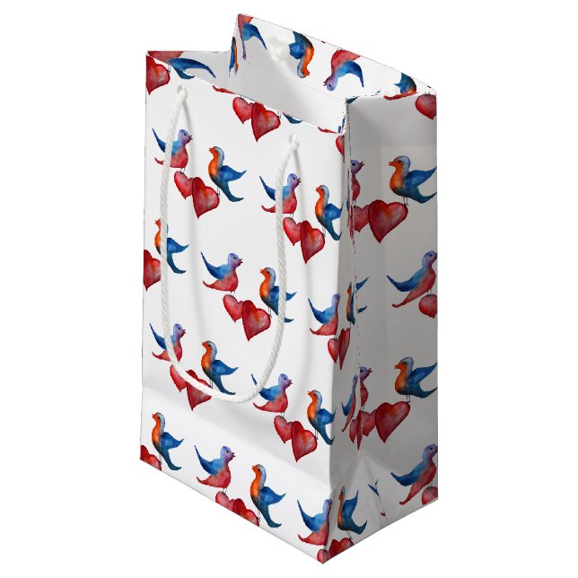 Sacola Para Presentes Pequena Pássaros de Amor, Saco de Presente de Pássaros em  (Frente inclinada)
