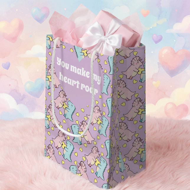 Sacola Para Presentes Pequena Pastel Pink And Blue Romantic Dinosaur (Cute pastel dinosaur love bag. It's perfect for Valentine’s Day surprises. Change the words.)