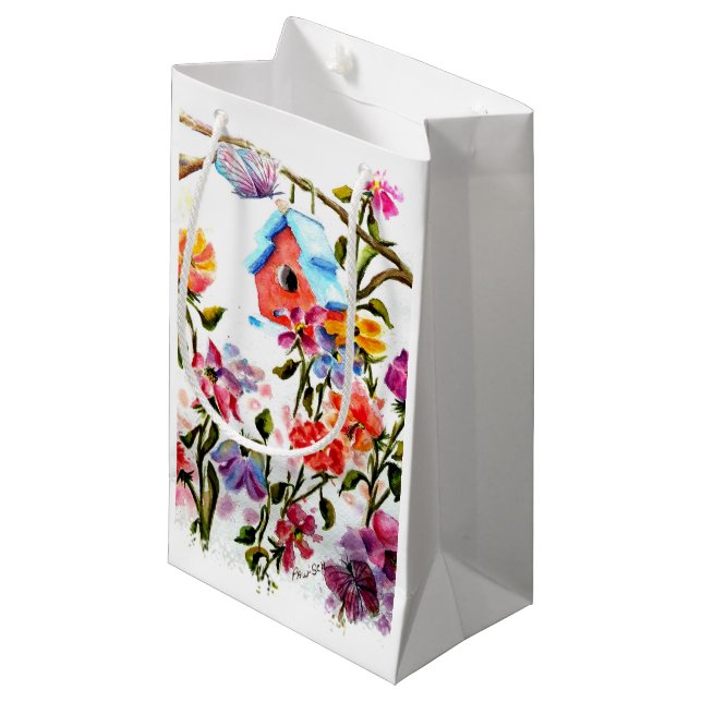 SACOLA PARA PRESENTES PEQUENA PAW IMPRIME CASA DE AVES (Frente inclinada)