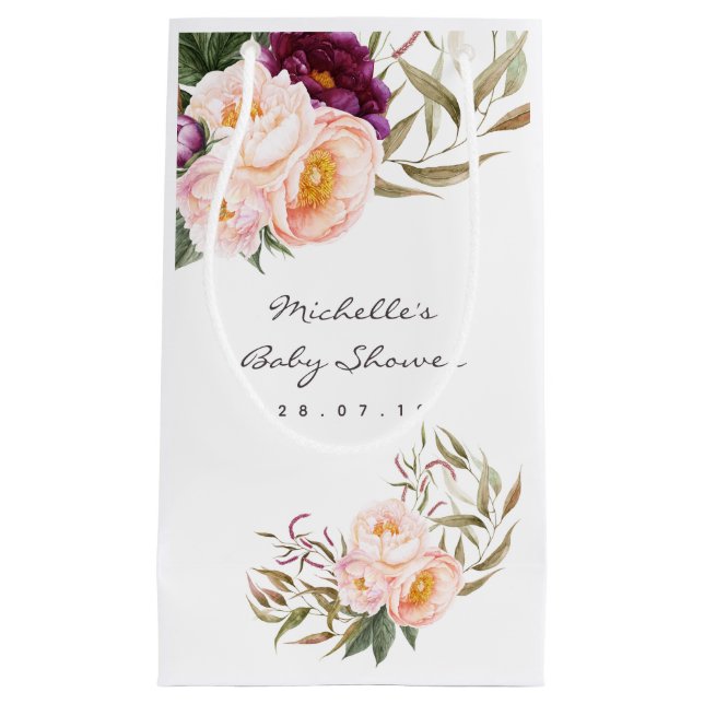 Sacola Para Presentes Pequena Peach e Burgundy Floral Chá de fraldas Obrigado (Frente)