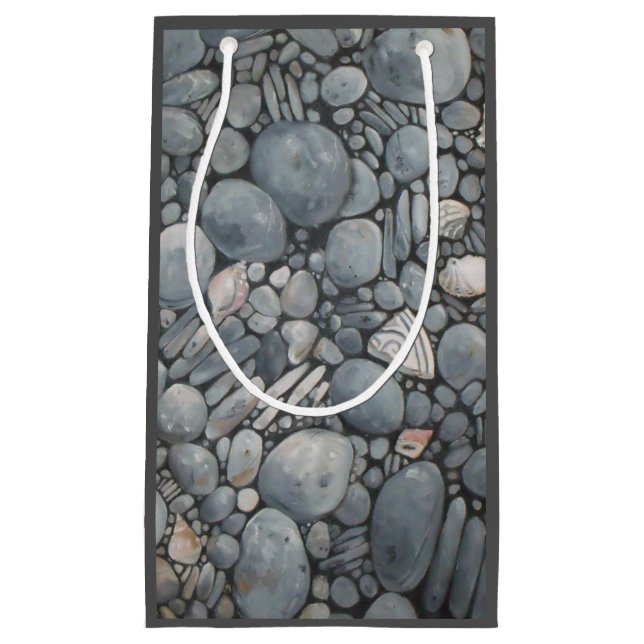 Sacola Para Presentes Pequena Pedras de Praia Conchas Pebbles Rochas Pintura (Frente)