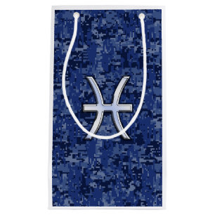 Sacola Para Presentes Pequena Peixes prateados Símbolo Zodiac Marinho Azul Camo