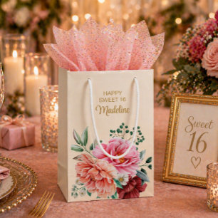 Sacola Para Presentes Pequena Peônias Rosa Borgonha Folhas Florais Sweet 16 Pequ