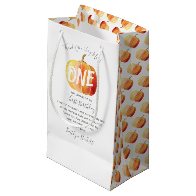 Sacola Para Presentes Pequena Pequeno primeiro aniversario De Abóbora Obrigado (Frente inclinada)