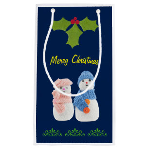 Sacola Para Presentes Pequena Personalizar, Snowman&Snow mulher a azul escuro