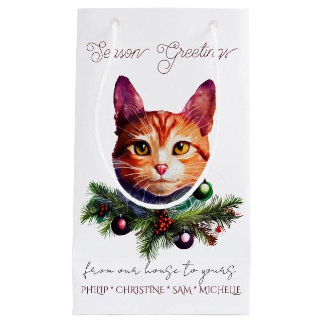 Sacola Para Presentes Pequena Personalize Cute Orange Cat Christmas (Frente)