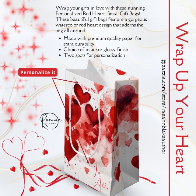 Sacola Para Presentes Pequena Personalized Red Hearts Small Gift Bag (Criador carregado)