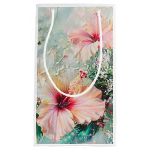 Sacola Para Presentes Pequena Pêssego Rosa Tropical Hibiscus Floral Aniversário