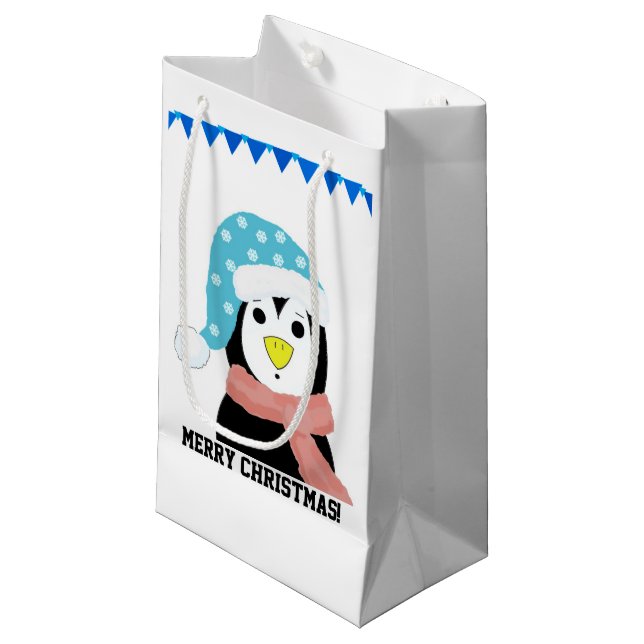 Sacola Para Presentes Pequena Pinguim com Chapéu e Cachecol de Feriado (Frente inclinada)