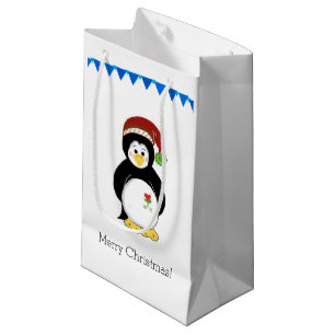 Sacola Para Presentes Pequena Pinguim com um Chapéu de Papai Noel