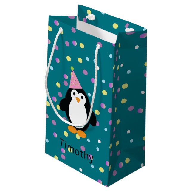 Sacola Para Presentes Pequena Pinguim do Partido com Fundo Confetti (Verso inclinado)