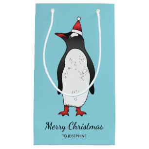 Sacola Para Presentes Pequena Pinguim Gentil Vestindo Um Chapéu De Papai Noel De