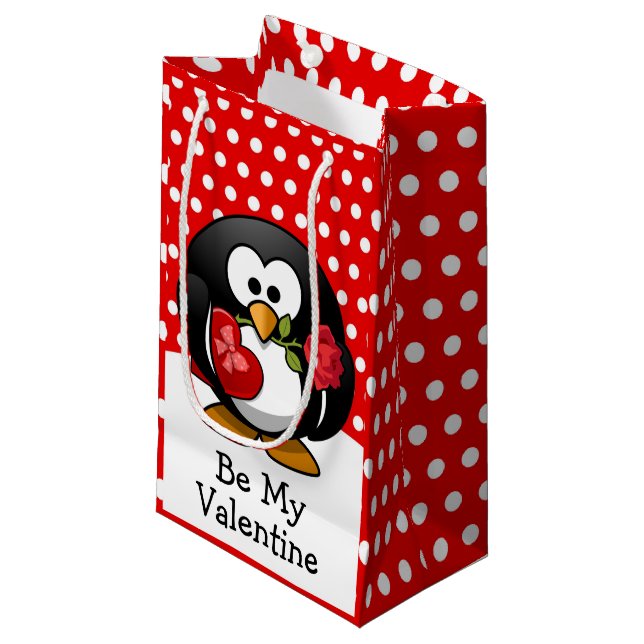 Sacola Para Presentes Pequena Pinguim namorados com chocolate e Rosas (Frente inclinada)