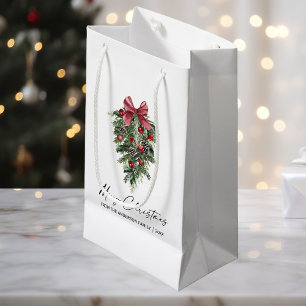 Sacola Para Presentes Pequena Pinhos em Aquarela Elegante Caligrafia Tinta Natal