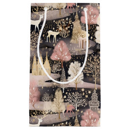 Sacola Para Presentes Pequena Pink and Black Elegant Snowy Deer Forest