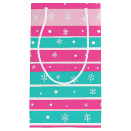 Sacola Para Presentes Pequena Pink and Mint Horizontal Striped Snowflake