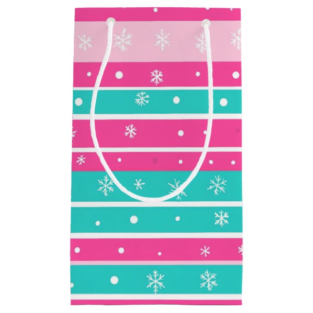 Sacola Para Presentes Pequena Pink and Mint Horizontal Striped Snowflake (Frente)