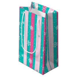 Sacola Para Presentes Pequena Pink and Mint Vertical Striped Snowflake