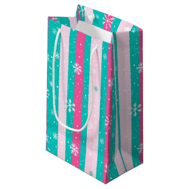 Sacola Para Presentes Pequena Pink and Mint Vertical Striped Snowflake (Frente inclinada)
