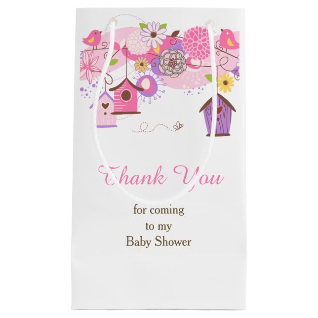 Sacola Para Presentes Pequena Pink and Purple Floral Bird Cages Baby Thank You (Frente)