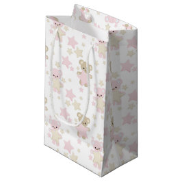 SACOLA PARA PRESENTES PEQUENA PINK & TAN TEDDY BEARARS E ESTRELAS