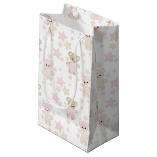 SACOLA PARA PRESENTES PEQUENA PINK & TAN TEDDY BEARARS E ESTRELAS