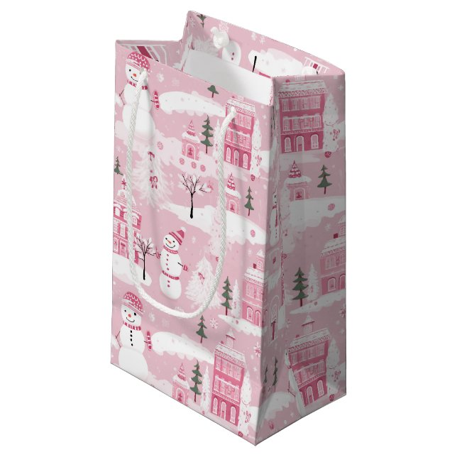 Sacola Para Presentes Pequena Pink Village Snowy Christmas  (Frente inclinada)