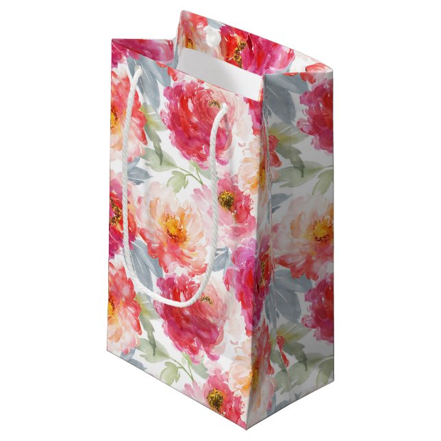 Sacola Para Presentes Pequena Pink Watercolor Peony Flower Pattern (Frente inclinada)