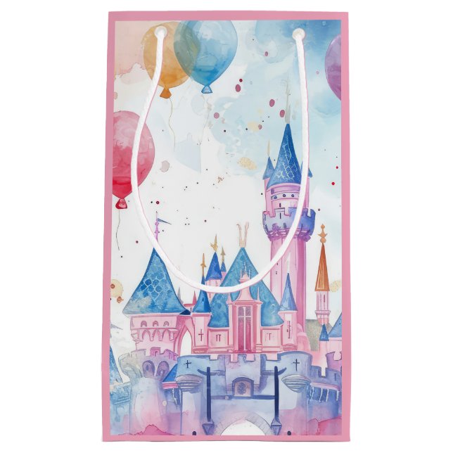 Sacola Para Presentes Pequena Pink Watercolor Princess Castle (Frente)