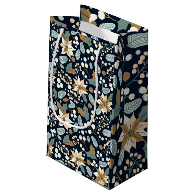 Sacola Para Presentes Pequena Poinsettia negro de fundo férias de inverno (Verso inclinado)