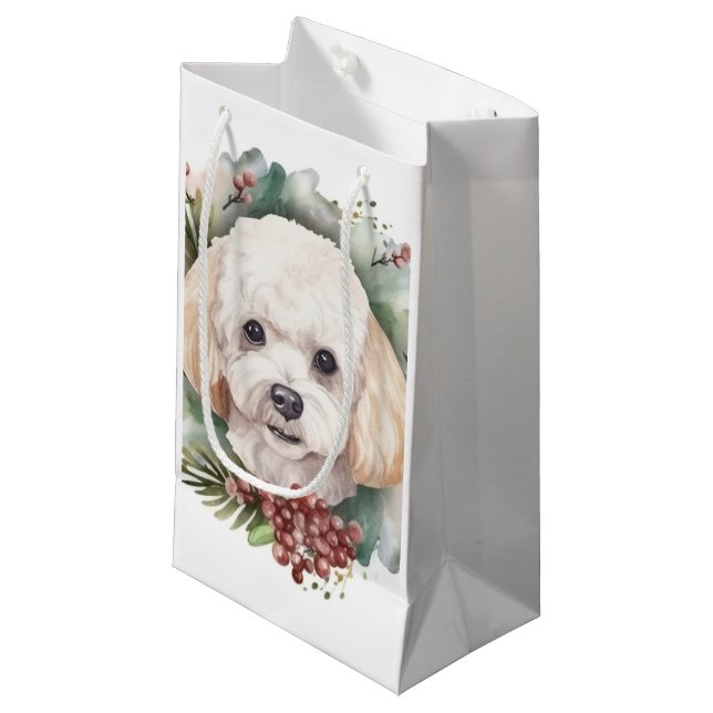 Sacola Para Presentes Pequena Poodle Christmas Wreath Festivo (Frente inclinada)