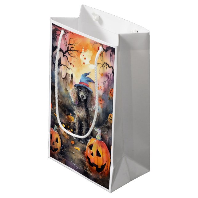 Sacola Para Presentes Pequena Poodle Halloween Com Pumpkins Assustado (Frente inclinada)