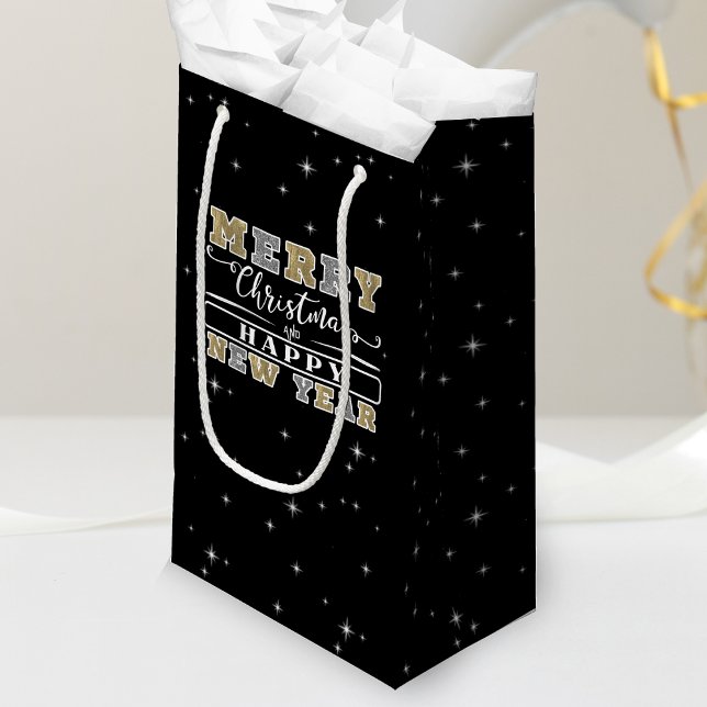 Sacola Para Presentes Pequena Prata Negra e Feliz ano novo de Natal Dourado (Black Silver & Gold Merry Christmas Happy New Year Small Gift Bag)