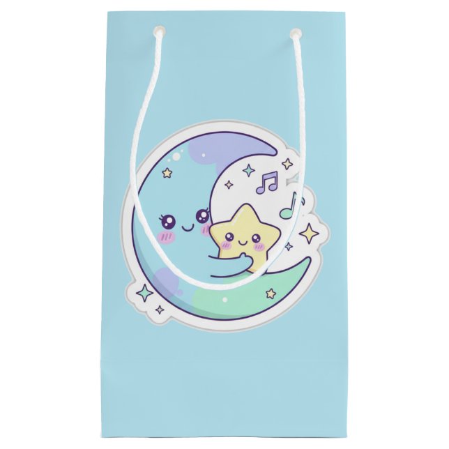 Sacola Para Presentes Pequena Presente Azul Bebê Lua e Estrelas Dormindo do Rama (Frente)
