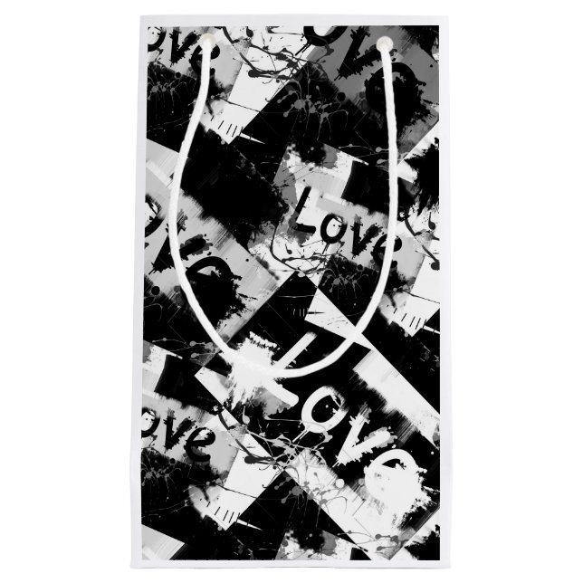 Sacola Para Presentes Pequena Preto e branco com padrão de amor de manchas (Frente)