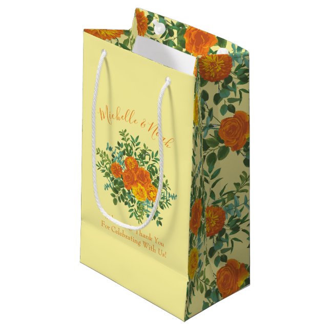 Sacola Para Presentes Pequena Primavera Rosa de Casamento Amarelo Laranja (Frente inclinada)