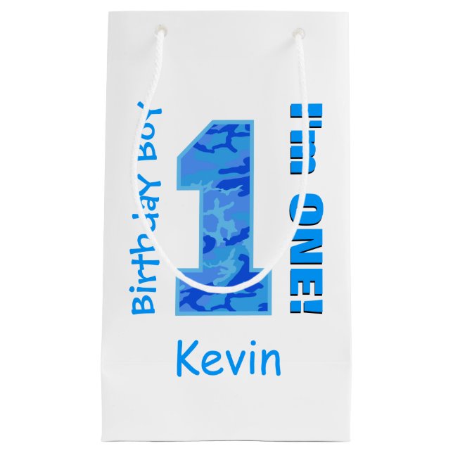Sacola Para Presentes Pequena primeiro aniversario Boy Blue Camo com um ano de i (Frente)
