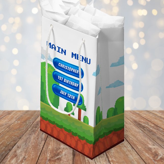 Sacola Para Presentes Pequena Primeiro aniversario do Menu Vídeo Retroativo (Retro Video Game Menu 1st Birthday Party Small Gift Bag
)
