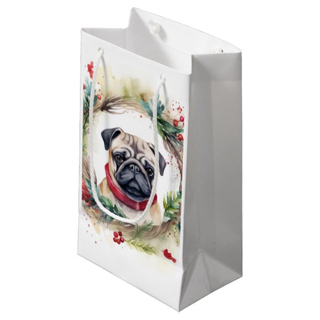 Sacola Para Presentes Pequena Pug Christmas Wreath Festivo Pup (Frente inclinada)