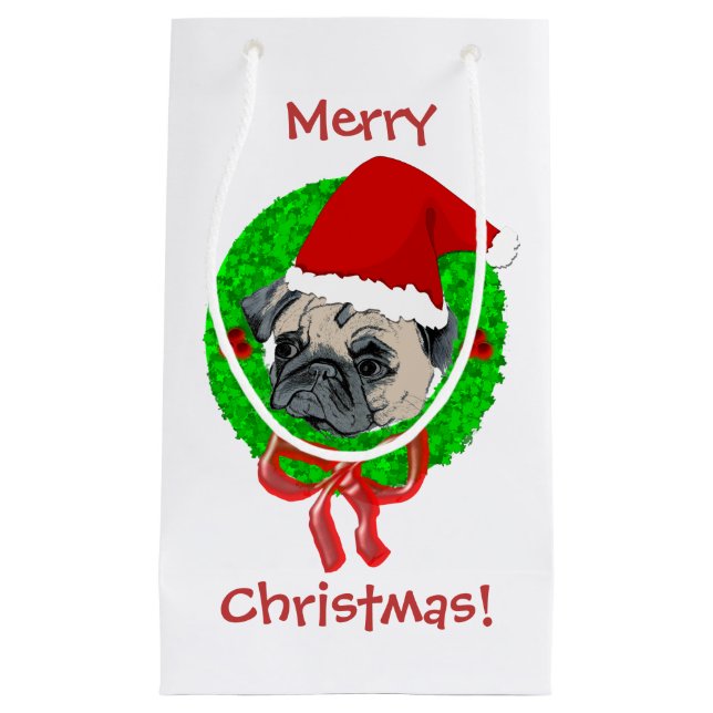 Sacola Para Presentes Pequena Pug do Feliz Natal (Frente)