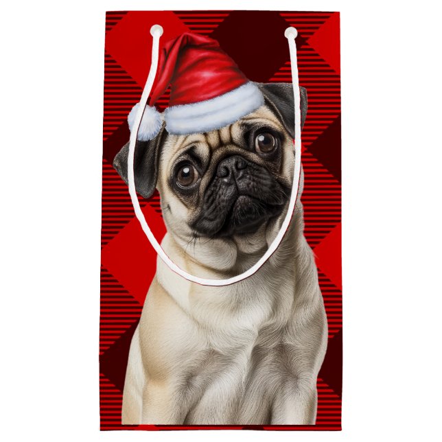 Sacola Para Presentes Pequena Pug Santa Dog Holiday Red Buffalo Plaid Christmas (Frente)