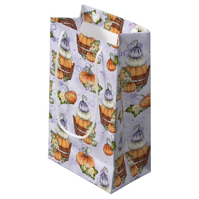 SACOLA PARA PRESENTES PEQUENA PUMPKINS DE OUTONO BRANCO DE LARANJA PURA (Frente inclinada)