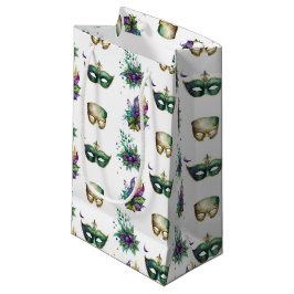 SACOLA PARA PRESENTES PEQUENA PURPEN GREEN DOURADA MARDI GRAS MÁSCARAS PENAS