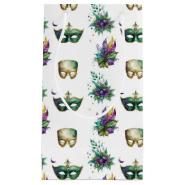 SACOLA PARA PRESENTES PEQUENA PURPEN GREEN DOURADA MARDI GRAS MÁSCARAS PENAS