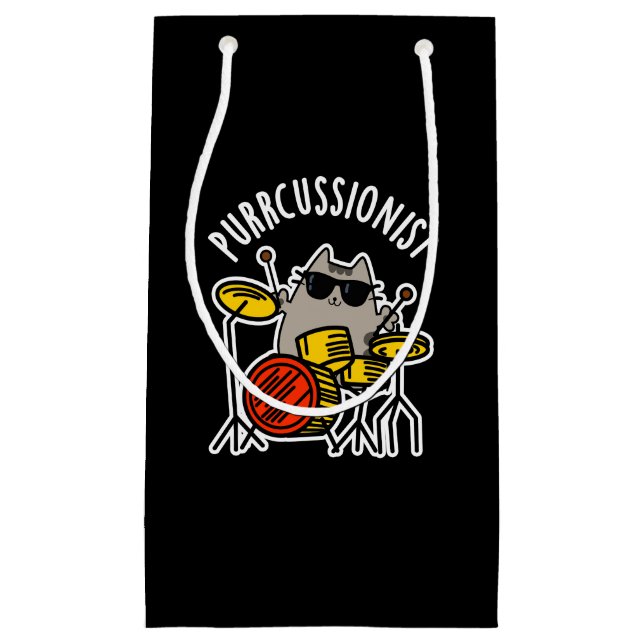 Sacola Para Presentes Pequena Purr-cussionista Engraçado Drummer Cat Pun Dark BG (Frente)