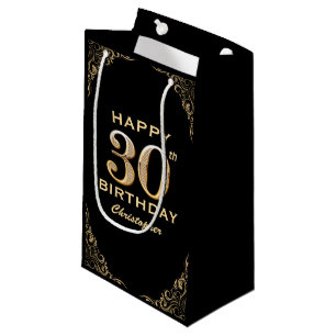 Sacola Para Presentes Pequena Quadro de brilho preto e Dourado do aniversário de
