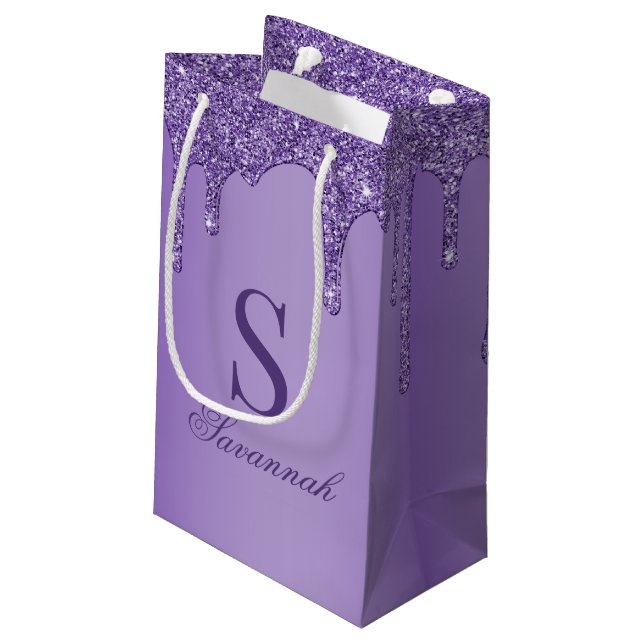 Sacola Para Presentes Pequena Quic Sparkle Purple Glitter Drives Monograma (Verso inclinado)