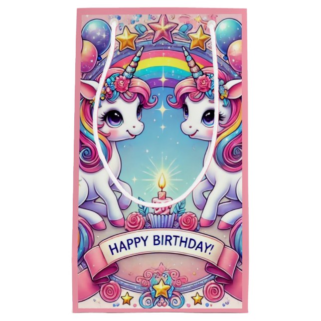 Sacola Para Presentes Pequena Rainbow Royalty Unicorns (Frente)